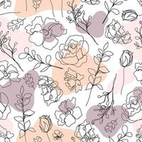 Vector seamless hand drawn pattern, single continuous line flowers with pastel color spots. Art floral elements. Use for beauty design elements, nature backgrounds, textile, package