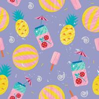 Vector summer colorful illustration, travelling, holidays. Seamless pattern, background, fabric, paper wrapping. Beach, ball, ice