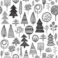 Vector Seamless linear texture with ornamental trees. Endless hand drawn black and white pattern. Template for design textile, backgrounds, packages