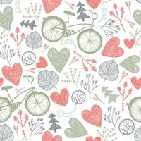 Vector seamless romantic pattern. Hearts, florals, vintage bicycles spring, summer, wedding background.