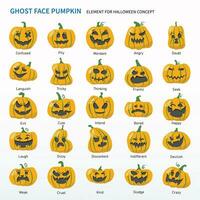 Ghost face pumpkin cartoon set, element for Halloween project. Same as confuse, confused, pity, doubt, languish, dizzy, weak, evil, devil, angry, tricky, think, thinking, frantic, seek, cute, bored. vector