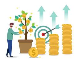 The man plant money coin tree growth investing vector illustration on white background. Increase of pile of money golden dollar coins stack with dart and arrow vector. Business cartoon character.