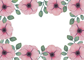 Anemone flower frame. Gently pink flower with leaves for wedding invitations, design elements. All elements are isolated and editable. Hand drawn with markers and watercolors. png