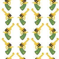 Seamless pattern with repeating revolvers in cartoon style on a white background. Green-yellow color scheme. Cowboy theme, western, wild west. Packaging Printing vector