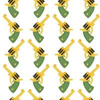 Seamless pattern with repeating revolvers in cartoon style on a white background. Green-yellow color scheme. Cowboy theme, western, wild west. Packaging Printing vector