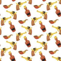 A western-style pattern with a revolver, a smoking pipe and a bottle of whiskey in the desert color scheme. Repetitive background for printing to a party vector