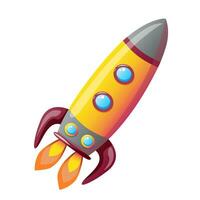 Colorful rocket icon. Yellow toy spaceship with portholes and red wings. Plastic kid space toy. Childhood educational and mental child playing. Flat vector illustration isolated on white background