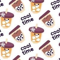 A pattern with cold drinks of bubble tea and iced coffee and milk in cheerful cups. Flat design with cold drinks. Time to cool down. Printing on the packaging for cafes and caffeine vector