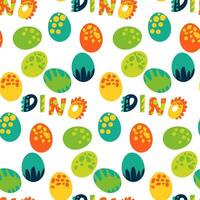 Cute flat dinosaur eggs in a nest with seamless pattern for dinosaur party, baby shower, newborn party. Eggs in the color of the parents with the inscription. Printing for parties, textiles, banners. vector