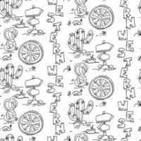 Seamless desert pattern with pointers, cacti, a wheel, a cobra and the inscription western in the kotur style. Vector background for printing on textiles and paper. Theme party
