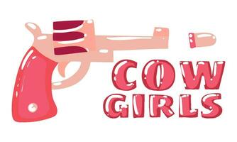 A poster of a shepherdess and a revolver. Colorful pink revolver. Print on a wild west T-shirt or poster design. A dangerous wild girl with a revolver. A shot forward, a bullet flies vector