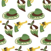 Vector illustration of a cowboy seamless pattern. Hat, revolver, bandana, western theme. Textile design, Wrapping paper, scrapbooking. Printing on textiles and paper