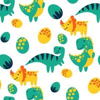 Vector seamless color repeating pattern with dinosaurs and their eggs in a bright cartoon style. Children's seamless pattern with hand-drawn dinosaurs. Vector illustration of dinosaurs