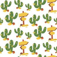 A pattern of pillars showing the direction in the desert, stones, cacti and sand, vector graphics. Seamless background for printing on textiles and paper in yellow shades