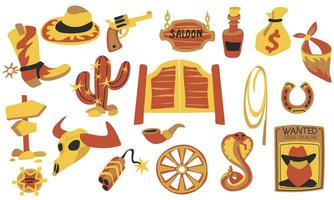 A set of wild west elements in a modern flat style. Vector illustration cowboy boot, hat, saloon doors and sign, bandana, bull skull, revolver, cactus, bottle, dynamite, revolver, sheriff's badge