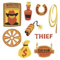 A themed set of a Thief in a Western from a cartoon. A set of items a wanted flyer, dynamite, a horseshoe, a bag of money, a bottle of whiskey, a lasso, a horseshoe, a wheel. Mini Thief Collection vector