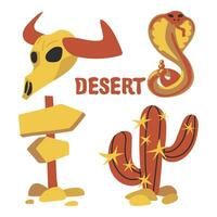A set of items that can be found in the western desert. Cacti, direction signs, a bull's skull, a poisonous snake. Mini collection of western, cowboy theme stickers vector