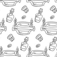 The pattern is a saloon sign with a pattern, a bottle of whiskey, a shot glass, a coin in a linear style. Vector ornament on a white background. Themed western, cowboy