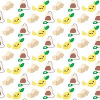 Seamless vector pattern of tea icons on a white background, hand-drawn. A tea bag, sugar cubes, lemon, all with faces, cute smiles. Printing for cafes on textiles and paper