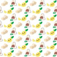 Seamless vector pattern of tea icons on a white background, hand-drawn. A tea bag, sugar cubes, lemon, all with faces, cute smiles. Printing for cafes on textiles and paper