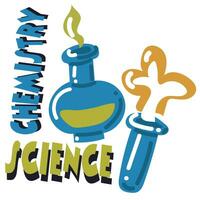 School illustration with chemical flasks and the inscription Chemistry science. Flat chemistry icon. Ideal for printing children's illustrations. Back to school vector