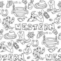 A pattern of Wild West elements in a modern linear style on a white background. Vector illustration of a cowboy boot, hat, bandana, bull skull, revolver, cactus, bottle, dynamite, revolver. Western