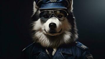 Alaskan Malamute dog in a police suit and outfit illustration, Alaskan Malamute funny dog puppy,Alaskan Malamute a is a funny dog,Pet are funny dog, funny animals, generative ai photo