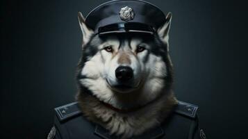 Alaskan Malamute dog in a police suit and outfit illustration, Alaskan Malamute funny dog puppy,Alaskan Malamute a is a funny dog,Pet are funny dog, funny animals, generative ai photo