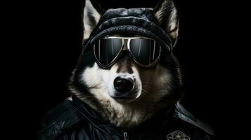 Alaskan Malamute dog in a police suit and outfit illustration, Alaskan Malamute funny dog puppy,Alaskan Malamute a is a funny dog,Pet are funny dog, funny animals, generative ai photo