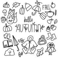 Vibrant autumn doodle illustration featuring colorful leaves, pumpkins, and acorns on a clean white background. Perfect for adding seasonal charm to your designs and creative projects. Vector