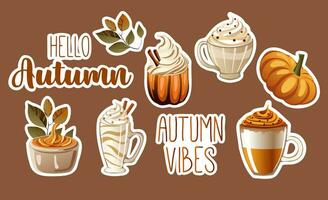 Autumn stickers set. Vector. The illustrations can be used to enhance the visual appeal of an autumn menu, showcasing the drinks and desserts available for the season. vector