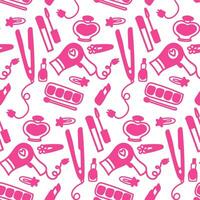 Pink seamless pattern. Pink flat illustration featuring cosmetics, hairdryer, and styler. Vector illustration suitable for fashion, beauty, and lifestyle-related projects