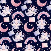 Children s seamless pattern with cute dragon, moon and rainbow. For designing greeting cards, invitations, notebooks, wrapping paper, or pattern on various children s clothing items such as t-shirts vector