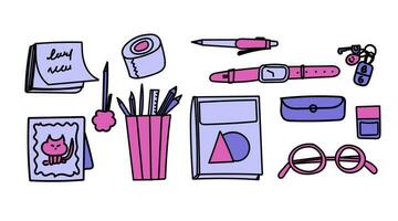 A doodle illustration of a desktop with various items such as a book, glasses, notebook, keys, clock, pen, stickers, and more. Vector illustration for office, education, or productivity themes.