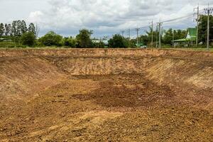 A background view of the shoreline, a mound of dirt dug into a canal or a large pond. photo