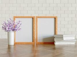 Frame with a beautiful flower and realistic wall and floor textures photo