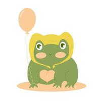 Little cute baby frog in headwear with balloon in hand. Vector illustration of reptile animal. Picture of childs drawing style.