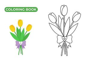 Bouquet of flowers with bow and ribbon. Line vector illustration of tulips. Drawing of spring plants with decorative elements. Contour coloring book for kids.