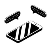 Mobile phone with pop-up messages. Isometric 3d vector illustration. Black and white linear drawing of phone. Online communication and talk.