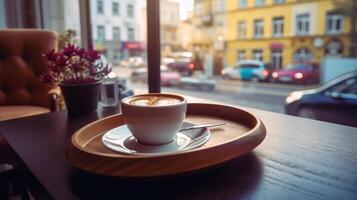 Coffee cup on wooden table in coffee shop with blurred background, AI Generative photo