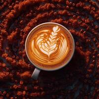 Coffee cup with latte art on coffee beans background. photo