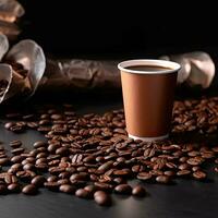 Coffee with croissant and coffee beans on black background AI generative photo