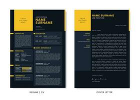 Minimalist CV Resume and Cover Letter Design Template. Curriculum Vitae Clean and Clear Professional Modern Design. Stylish Minimalist Elements and Icons with Yellow and Black Color - Vector Template.