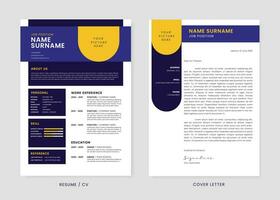 minimalista CV currículum y cubrir letra diseño modelo. plan de estudios vitae limpiar y claro profesional moderno diseño. elegante minimalista elementos y íconos con amarillo, púrpura, y negro colores. vector