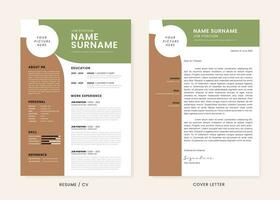 minimalista CV currículum y cubrir letra diseño modelo. plan de estudios vitae limpiar y claro profesional moderno diseño. elegante minimalista elementos y íconos con marrón y verde color - vector modelo.