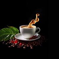 Cup of coffee on black background with coffee beans and green leaves photo