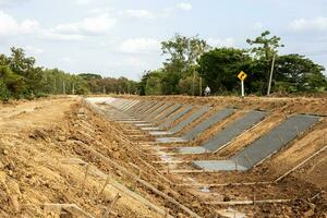 View of the concrete wall construction structure which is attached to the soil. photo