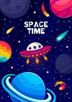 Cartoon space landscape poster. Starry galaxy, ufo vector
