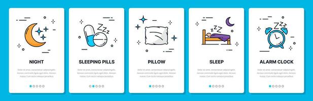 Sleep line icons, mobile app onboarding screen vector