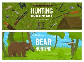 Hunting sport equipment, bear animal with hunter vector